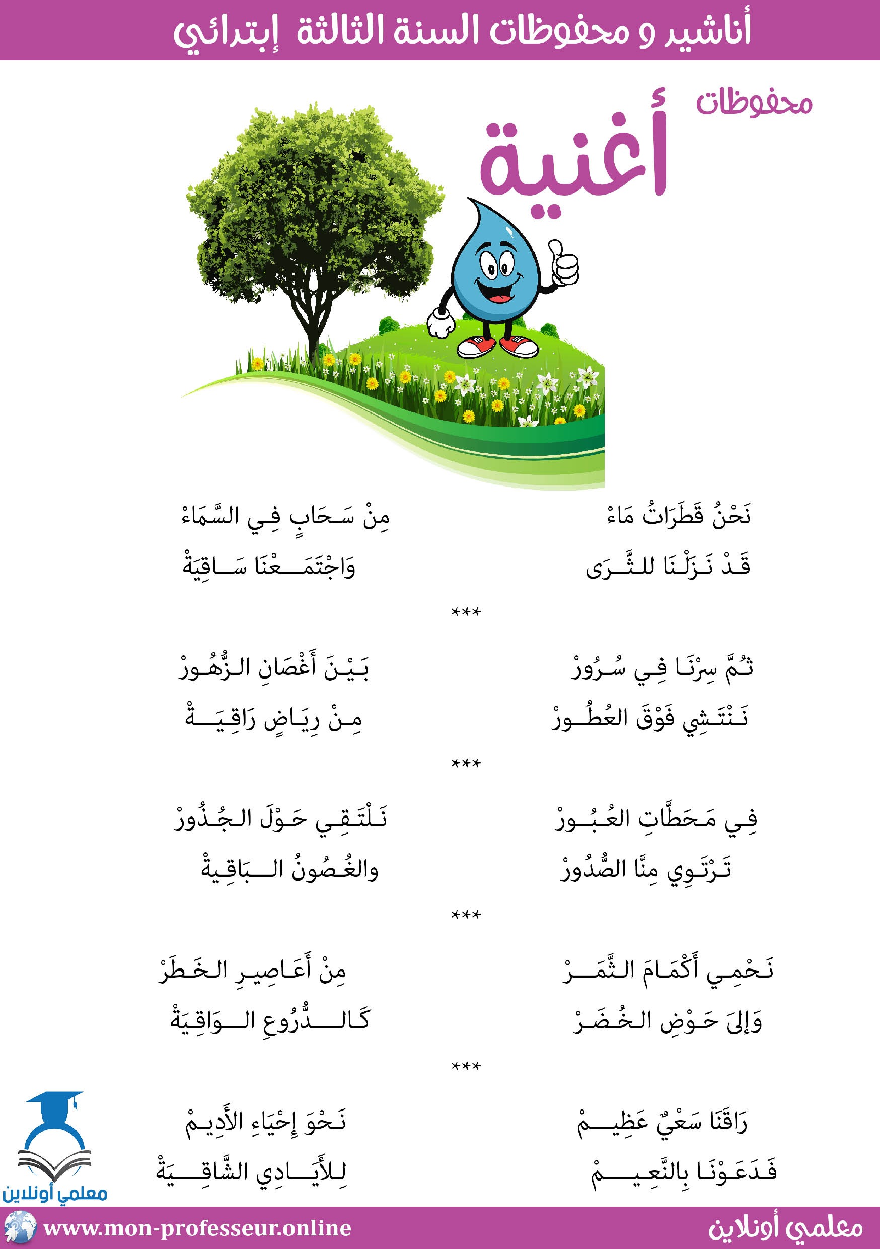 محفوظات أغنية سنة ثالثة ابتدائي مكتوبة - معلمي أونلاين