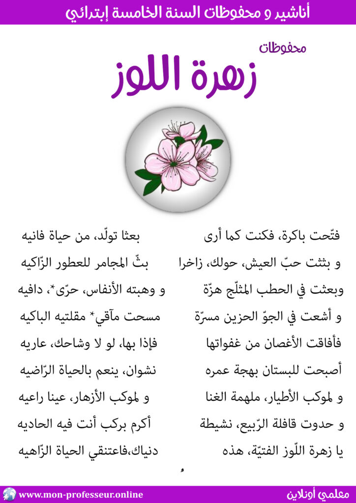 محفوظات زهرة اللوز سنة خامسة إبتدائي مكتوبة حجم كبير