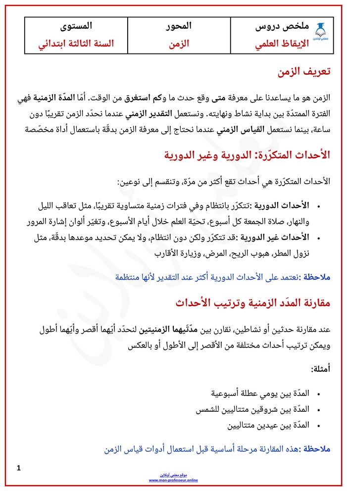 ملخص دروس محور الزمن الثالثة ابتدائي