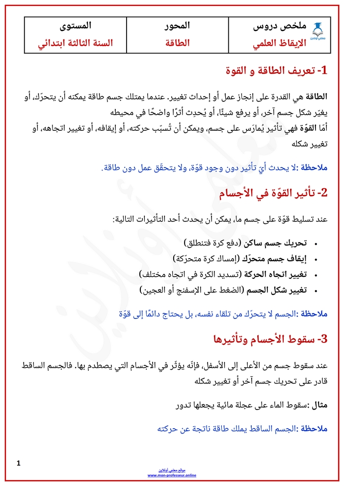 ملخص دروس محور الطاقة الإيقاظ العلمي السنة الثالثة ابتدائي ص1