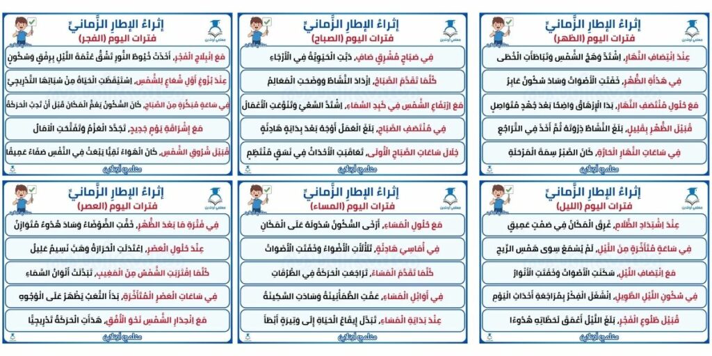 إثراء الإطار الزماني في التعبير الكتابي – عبارات فترات اليوم